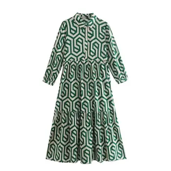Дамски рокли ТРАФИКА, Лятна дълга пола, модерен големи принт, Къс ръкав, Женски ежедневна рокля с ревера, Зелена рокля Harajuku 0