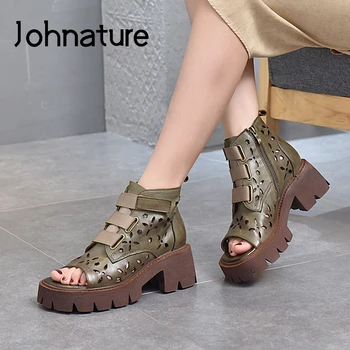 Дамски сандали Johnature от естествена кожа; Летни обувки с цип в стил ретро; лаконичен дамски сандали ръчно изработени платформа в стил ретро. 0