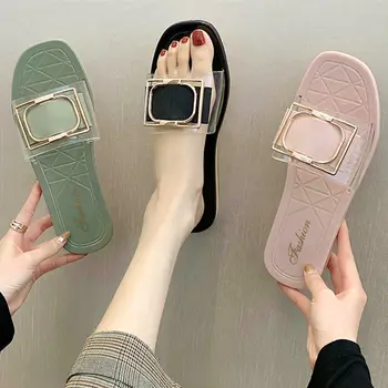 Дамски чехли Сладки Летни Новости за 2023 година, чехли на ниска плоска подметка, удобни, блестящи плажни модни сандали с пайети за жени, планински кристал за дома