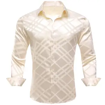 Дизайнерски копринени ризи за мъже, сатен, Бяла Бежовата клетчатая мъжка блуза с дълъг ръкав, ежедневни официални блузи, дишаща Бари Уонг
