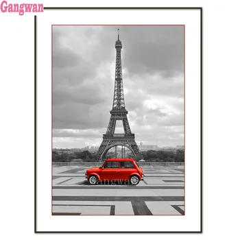 Европейските улица, Пълна с кръгла, Квадратна бормашина, Диамантена рисувани Айфеловата Кула, вид на червено автомобил, Диамантена кръст бод, декора на стените