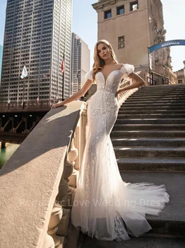 Елегантна сватбена рокля с открити рамене Класическа апликация на Дреха на булката Бяло Скромно дълга сватбена рокля Русалка Robe De MariÃ©e