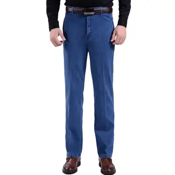 Есенни мъжки дънки, прав, с висока талия, обикновена, джобове, цип копчета, дължина на щиколотку, Дълги дънкови панталони за мъжете на средна възраст