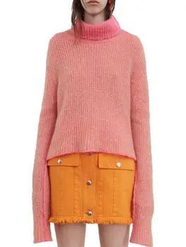 Есенно-зимния вязаный пуловер от смес от мохера за жени, дамски трикотаж с двустранно яка в контрастен цвят