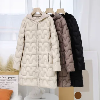 Есенно-зимно дамско палто с качулка, нова лека и тънка яке-пуховик в ивицата е със средна дължина, с бял утиным пух, ежедневни приталенная яке