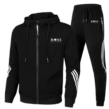 Есента нов модерен спортен брендовый комплект Boss, мъжки hoody с цип + панталони, Всекидневни комплект спортни облекла за фитнес и джогинг 0