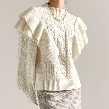 Жена есенно-зимния пуловер с кръгло деколте, ретро вязаный пуловер, дамски пуловери, бежов пуловер с дълъг ръкав, Pull Femme 0