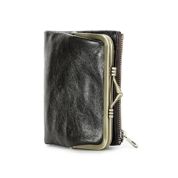 Жена портфейл от естествена кожа XZAN Contact, малка в чантата си в метална рамка, женски джоб за монети на засове и мълния, държач за кредитни карти