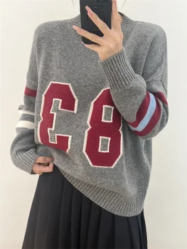 Жена пуловер цифров жаккардовой плетени шарени, сив, 100% вълна, 2024 Пролетни дамски скок с кръгло деколте и дълъг ръкав 0