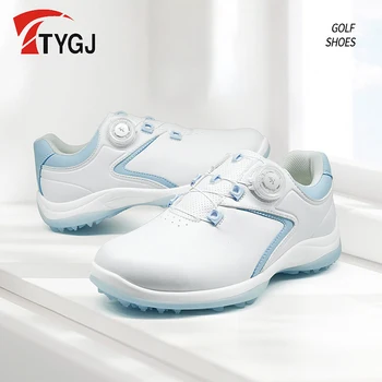 Женски обувки за голф PGM, водоустойчиви леки маратонки с шнурками и ключалката, Дишащи нескользящие маратонки от бял микрофибър
