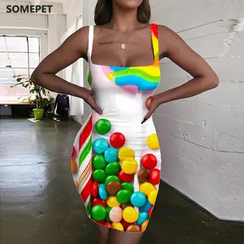 Женствена рокля SOMEPET Candy с цветни 3D принтом, дамски рокли, арт-рокля-калъф, дамски дрехи, дрехи големи размери, къса мода в стил бохо