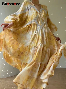 Женствена рокля миди с принтом Botvotee 20223, Есенна новост, винтажное рокля с V-образно деколте и шнур, Елегантни свободни рокли с ръкави-фенерчета