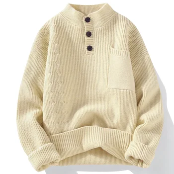 Зимен мъжки студентски обикновен пуловер копчета, пуловер 2023 година на издаване