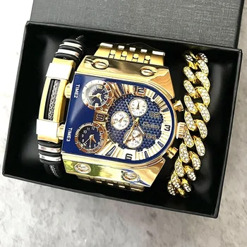 Златни ръчен часовник Oulm Set за мъже от водоустойчива неръждаема стомана с голям циферблат, златни мъжки ръчен часовник с гривната Relogio Masculino