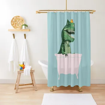 Игриво тиранозавър рекс във вана със зелена завеса за душ, душ завеси за баня, модерни аксесоари за бани