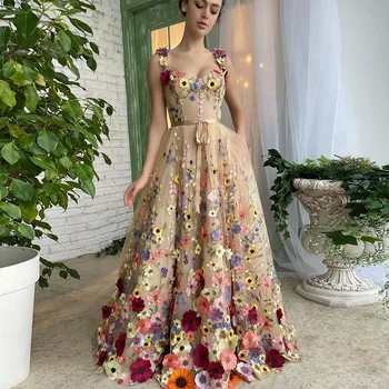 Изискан 3D цветя, прекрасни цветя бретельки, рокли за абитуриентски бал, Трапециевидные рокля с джобове, вечерни рокли, официално премяна