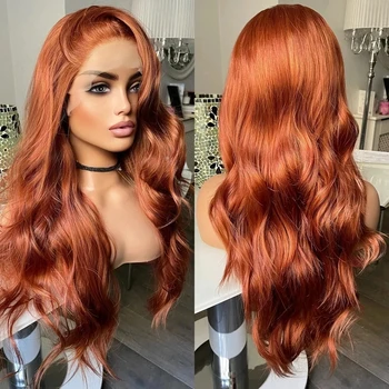 Имбирно-orange обемна вълна, изкуствена коса, перуки отпред на дантели за жени, натурален Черен С косата на бебето, Топлоустойчива влакна, всеки ден перуки 0