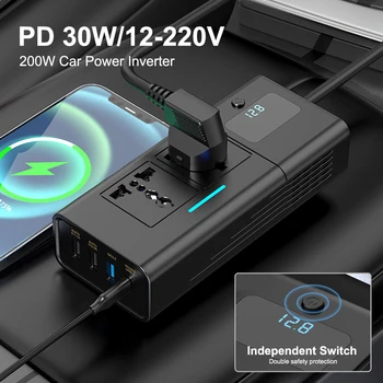 Инвертор мощност 200 W от 12 vdc до 110 /220v Модифицирана синусоидална инверторен адаптер с 4 порта USB, LCD дисплей за бързо зареждане PD 0
