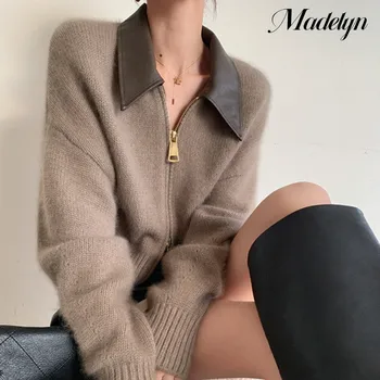 Класически вязаный пуловер с двоен цип, женски отложной яка, жилетка с дълъг ръкав, дамски пуловери корейската мода Y2K