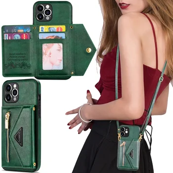 Кожена чанта за носене през рамо за iPhone 11 12 13 14 Pro Max mini XS XR 6 7 8 Plus, портфейл, джоб за карти, въже 0
