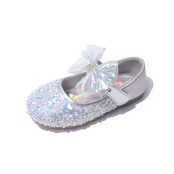 Кожени обувки на принцесата за момичета на възраст от 3 до 8 години, ново сватбена рокля с кристали и лък, обувки за партита, детски обувки за танци
