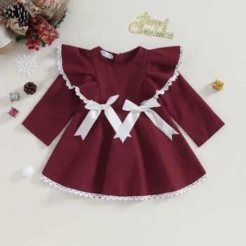 Коледна рокля трапецовидна форма за по-малките момичета с лък, бебешка рокля-опаковка в контрастен цвят с ръкави-мухите и кръгло деколте, рокля-пакет за абитуриентски бал