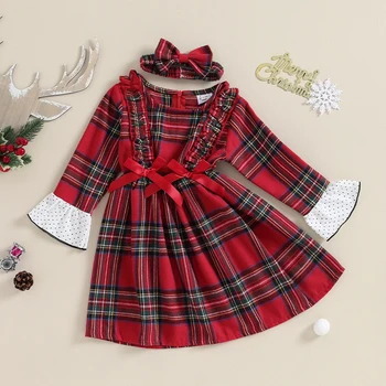 Коледно облекло за малки момичета, червено клетчатое дантелено принцеса рокля от тюл, коледно облекло, превръзка на главата, есенно-зимни екипировки