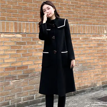 Корейското дамско палто с дълъг ръкав, Една вълнена риза, Шик Ретро случайни вълнен сако Оверсайз, монофонични V13 0