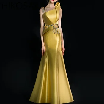 Корейското елегантна Златна вечерна рокля 2024 Пролет-лято, нов стил, Банкетна темперамент, рокля с риба опашка, Луксозно ежедневното вечерна рокля
