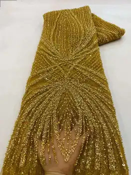 Красива африканска лейси плат с пайети Благородна лейси плат с бродерия от мъниста за нигерийски сватбени рокли XZ