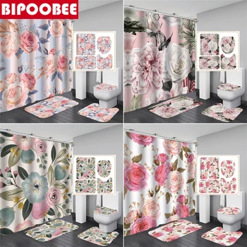 Красива завеса за душ с принтом под формата на розови цветя, пердета за баня в европейски стил и постелки за баня, постелки за тоалетна, домашен декор 0