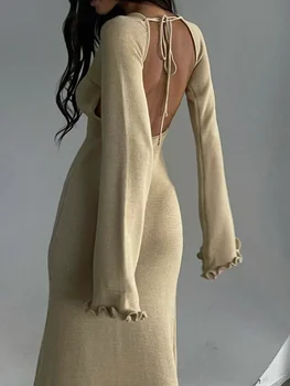 Красива и елегантна жена трикотажное рокля-калъф с дълъг ръкав, завязкой на гърба, кръгло деколте, однотонное дълга рокля с рюшами, плажно облекло