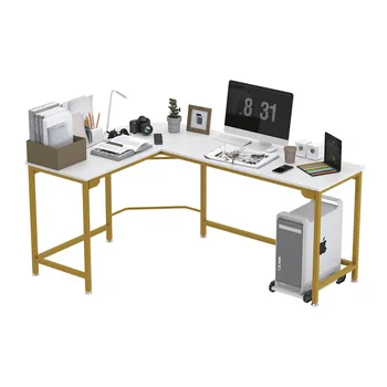 Кът бюро за компютър GEZEN L-образна форма Офис работно място Модерна дървена бюро за домашния кабинет Маса за лаптоп - Бяло злато