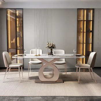 Лека луксозна комбинация на обедната маса и стол от каменна дюшеме, модерни и проста благородна творческа правоъгълна трапезария шкаф от розово злато