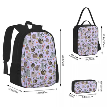 Ленивцы в лилаво раници За момчета и момичета, чанта за книги, ученически чанти за студенти, Cartoony детска раница, чанта за обяд, чанта за писалки, комплект от три елемента