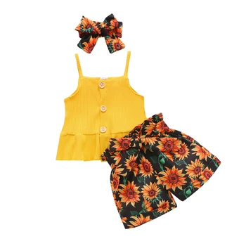 Летни дрехи Citgeett за малки момичета, пресни обикновена върховете на копчета и къси панталони на цветчета, превръзка на главата, един сладък комплект