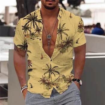 Летни памучни ризи 2024, мъжки хавайска риза, ежедневни градинска мода, къси ръкави, кокосова палма, крайбрежен почивка, парти, мъжка риза
