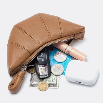 Луксозен Кожен женски портфейл за монети, модерен кроасан, малка в чантата си-скитник, Ретро мини-косметичка, чанта за монети, Клатч с цип