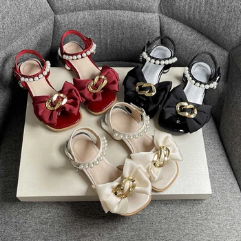 Луксозни дамски сандали с метален декор, детски летни обувки с квадратни пръсти, на нисък ток, за партита, Красиви детски обувки 26-36 три цвята