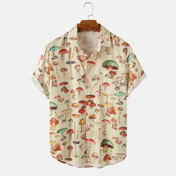 Лятна мъжка хавайска риза 2023, Модни и ежедневни градинска дрехи с отложными бутони, къс ръкав, плажна риза с шарките на гъбички от анимационен филм