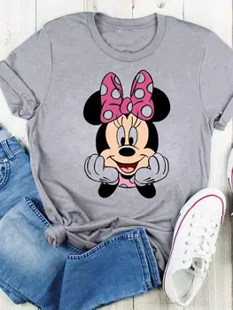 Лятна тениска Disney с Мики Маус, модни дрехи с принтом на 90-те години, сладък дамски тениски с къс ръкав и шарките на анимационни филми
