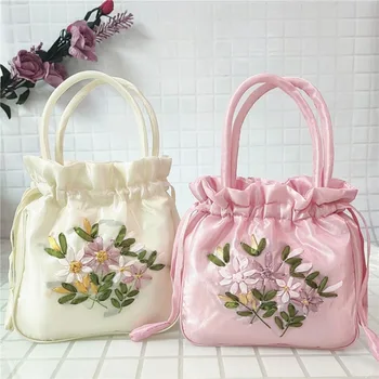 Малка дамска чанта-торба с горната дръжка, женствена чанта за телефон, лятна чанта, чанта за съвсем малък с бродирани цветя модел в национален стил