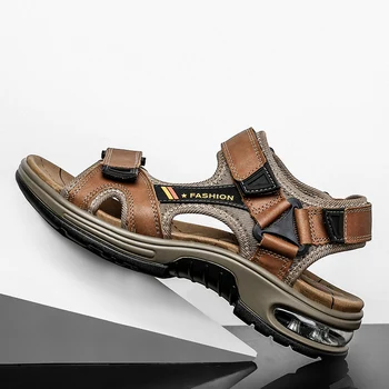 Марка 2023, летни мъжки сандали, кожени мъжки гладиатори от телешка кожа на първия слой в римски стил, мъжки плажни сандали на възглавница, мека блатни обувки
