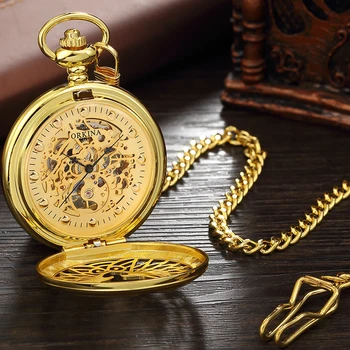 Марка ORKINA, мъжки модерни дневни джобни часовници е от неръждаема стомана, циферблат с виртуален скелет, Златна ръчно фабрика, Механичен мъжки часовник с верига-брелоком 2023