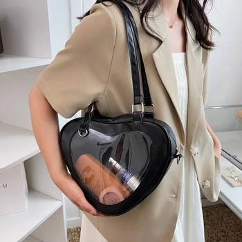 Модерен Дамски Прозрачна Чанта През Рамо Love Heart Shaped PVC Прозрачна Чанта Lady Момичета под Мишниците Ежедневна Чанта Messenger Bag