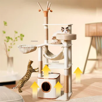 Модерен апартамент за домашни котки, къщичка на дърво, когтеточки от естествен сезал за котки, платформа за катерене с меки кошници, мебели за котки Z