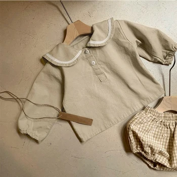 Моряк на fortune яка, блуза с дълъг ръкав за момчета и момичета, ризи и детски шорти в клетката, мек дишащ комплект пролетно-есенни дрехи за бебета.