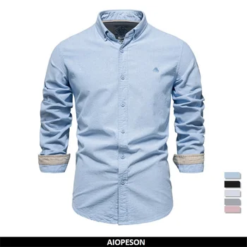 Мъжки Оксфордские Ризи AIOPESON С дълъг ръкав, 100% Памук, Обикновена Социални Ризи за Мъже, Новата Пролетно-Есенна Мъжки Дизайнерски дрехи