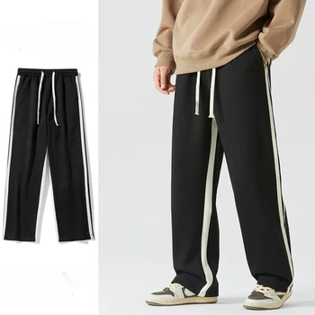 Мъжки ежедневни панталони на райета, изолирана флисом Топли панталони, модерни директни мъжки панталони, големи размери, широки улични панталони