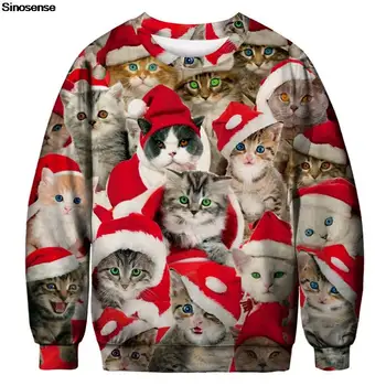 Мъжки женски грозни коледни пуловери, пуловери, свитшоты в навечерието на Коледа и Нова година, скок за празнични партита с 3D коледа принтом котка, върхове 0